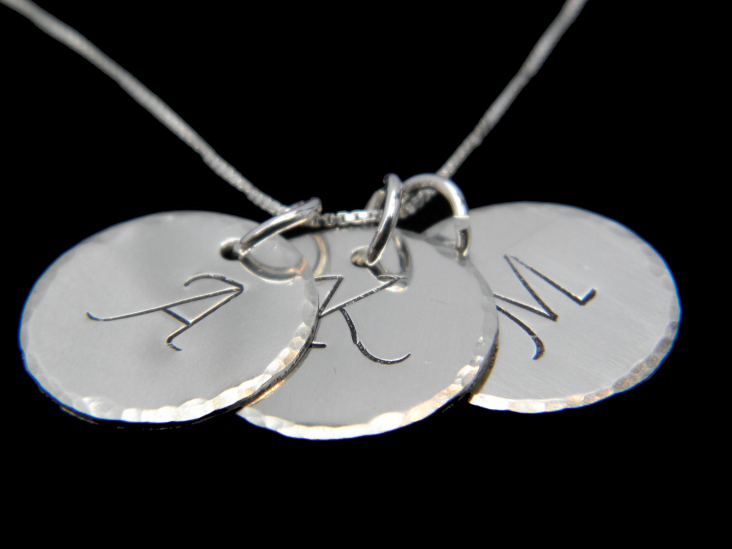 Personalized Petite Hammered Edge Triple Initial Sterling Silver Necklace