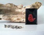 Simple Leather Single Wallet -Business Card Holder Black w/ Red Bird - Supple Leather - Great Gift