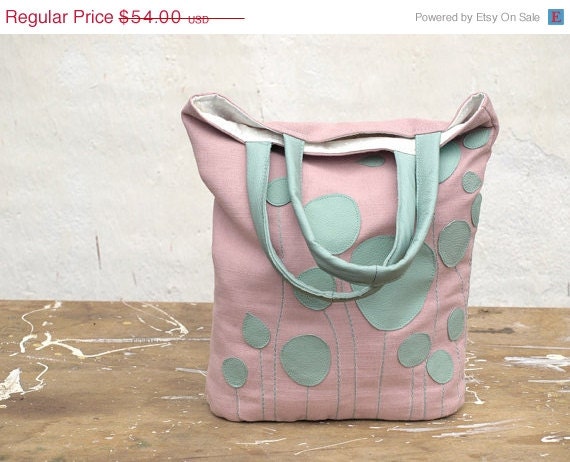 Leather Canvas Tote, MINI tote, Summer Linen Tote Bag in Mint Green and Pink, Linen and Leather Tote for Women /Summer Trends / SALE