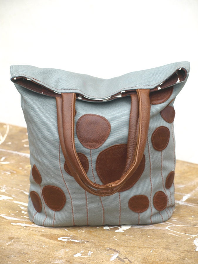 Brown Leather Bag, Mini Tote, Leather Canvas bag, Purse, Market Tote, Beach bag, Everyday tote for women -