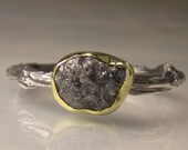 Natural Rough Black Diamond Twig Ring - 18k Gold and Blackened Sterling Silver Engagement Ring