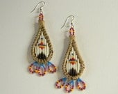 Porcupine quilled tear-drop earrings, red, blue & yellow