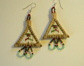 red, translucent green quilled triangle earrings