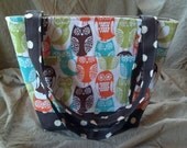 Cutout Owls Bag - Large Tote Bag Purse in Brown Teal Orange and Pea Green