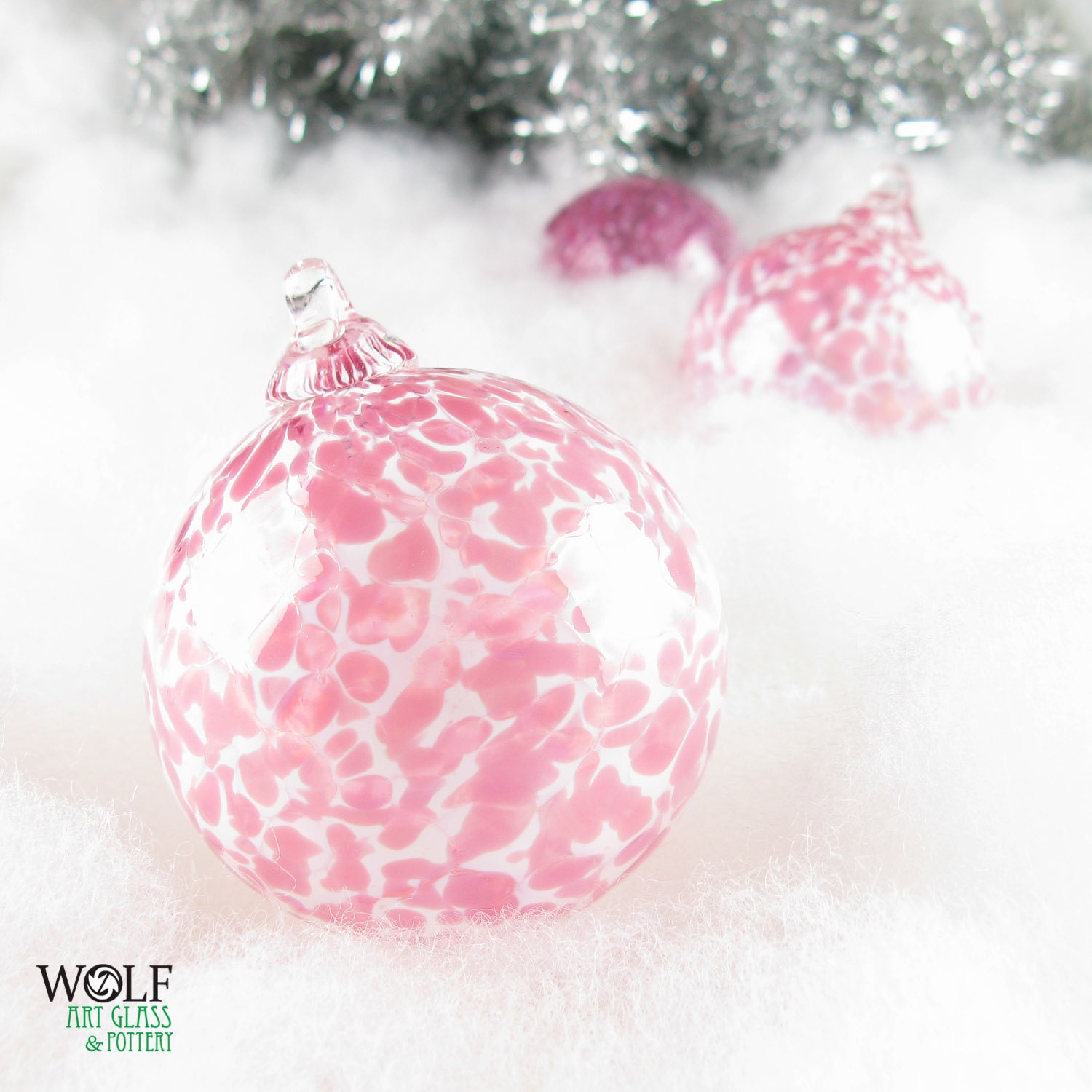 Blown Glass Ornament Ball Suncatcher Pink White Speckle