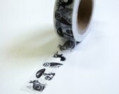 Washi Tape - 15mm - Deep Charcoal Vintage Woodland Illustrations on White - Deco Paper Tape No. 574