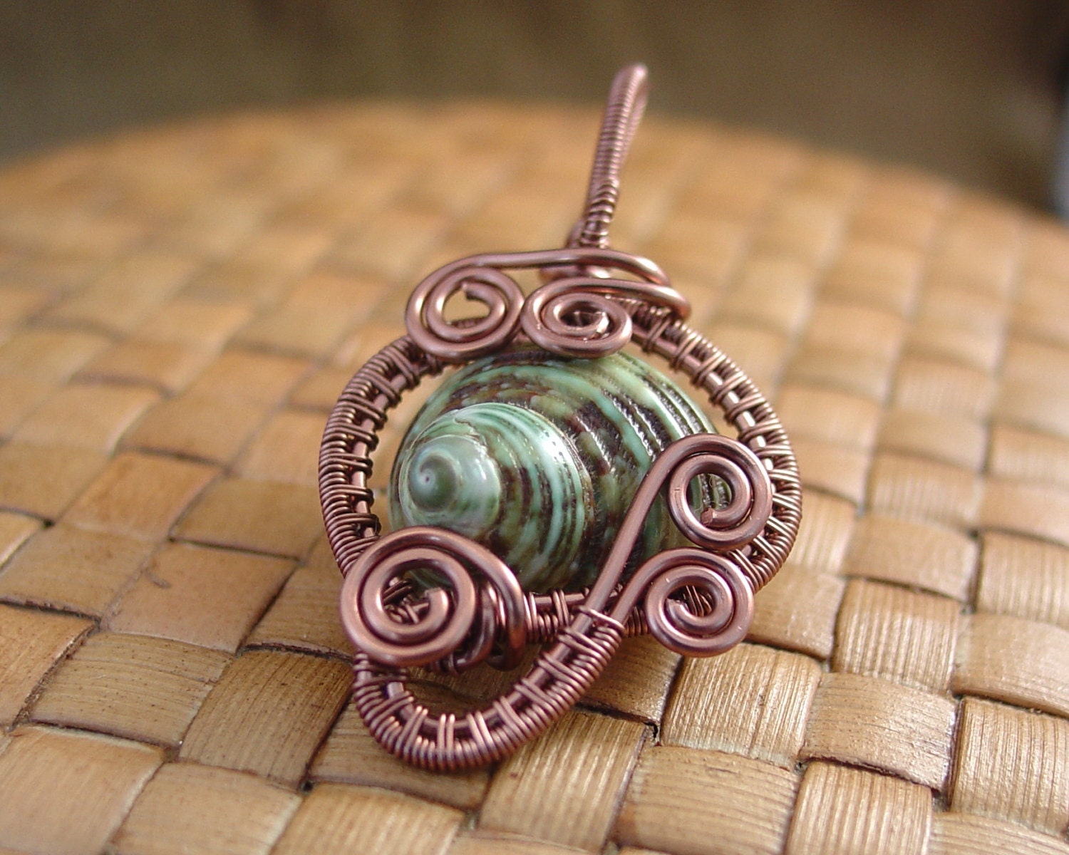 Sea Shell and Antiqued Copper Wire Wrapped Pendant