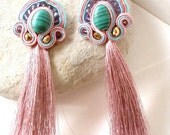 Long Tassel earrings , african violet and emerald , Linen soutache earrings , Malachite beaded tassel earrings