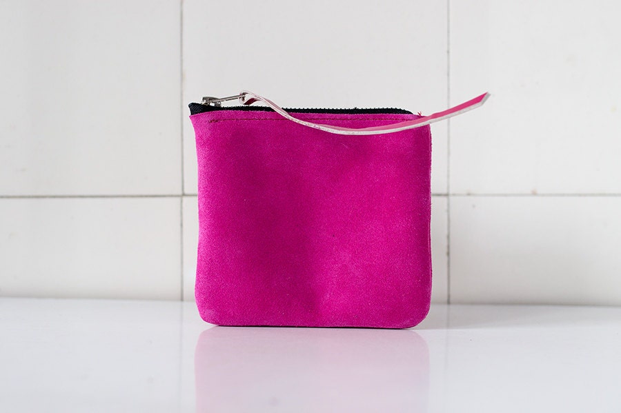 PINK  suede Leather  Clutch 5 inch, coin purse, every day purse