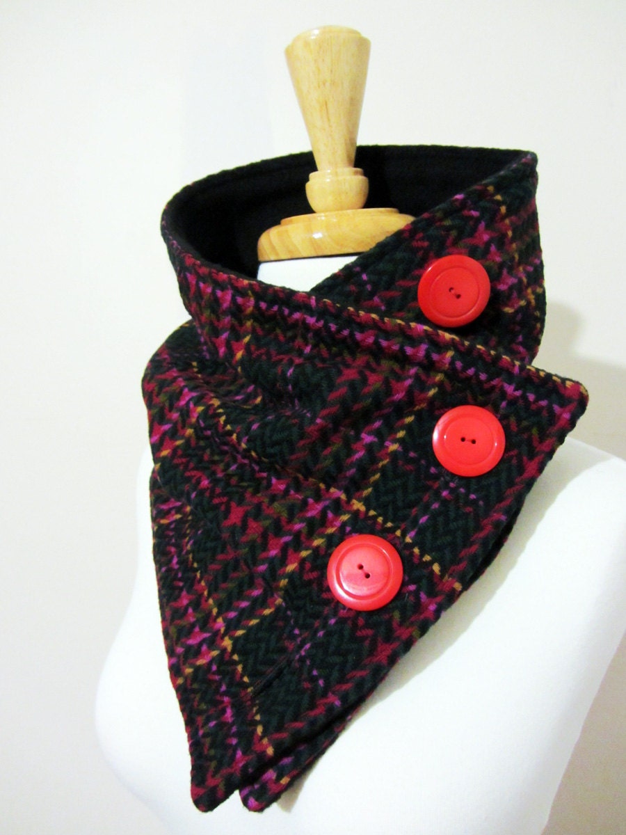 Neck Warmer Scarf Unisex Red, Purple, Olive, Goldenrod and Black Neck Warmer in Upcycled Fabric with Red Buttons
