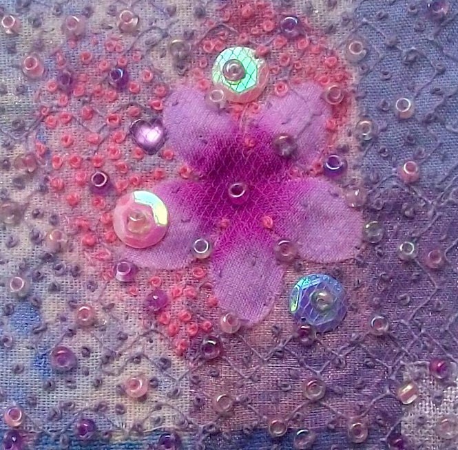 Embroidered pink and purple heart patchwork beaded art card 3.5" x 4.25" - StitchMikki