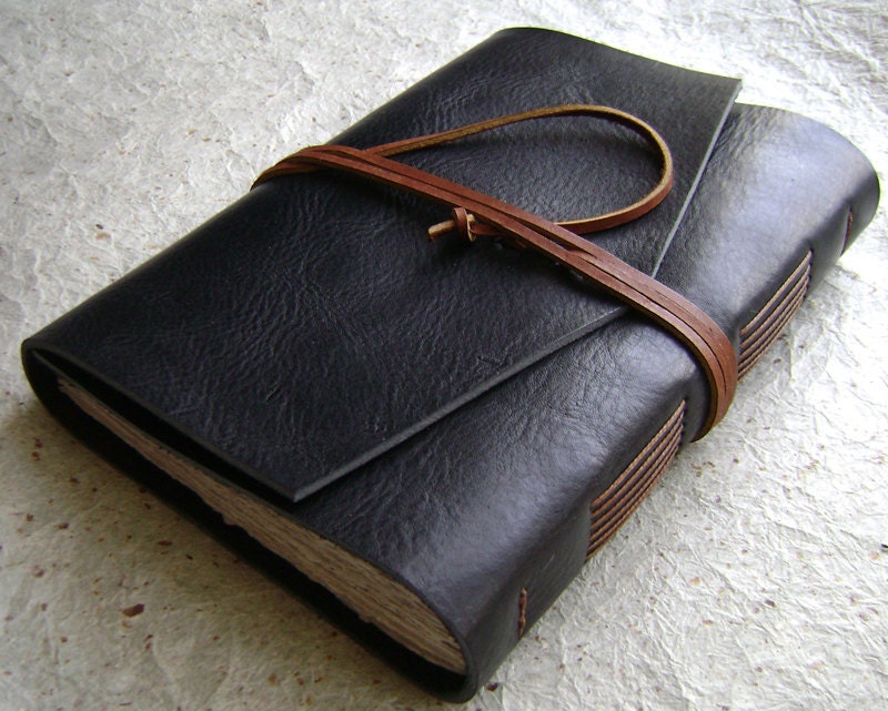 Leather journal, black with rustic orange-brown tie closure, handmade rustic journal by Dancing Grey Studio on Etsy
