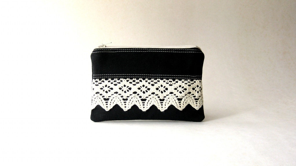 Coin Purse, zipper pouch, bridal pouch, wedding, zipper pouch - The Honey Coin Purse II in black cotton