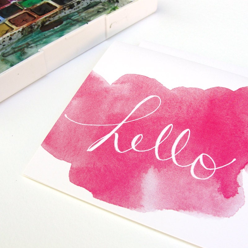Watercolor and Hand Typography Hello Greeting Card Set