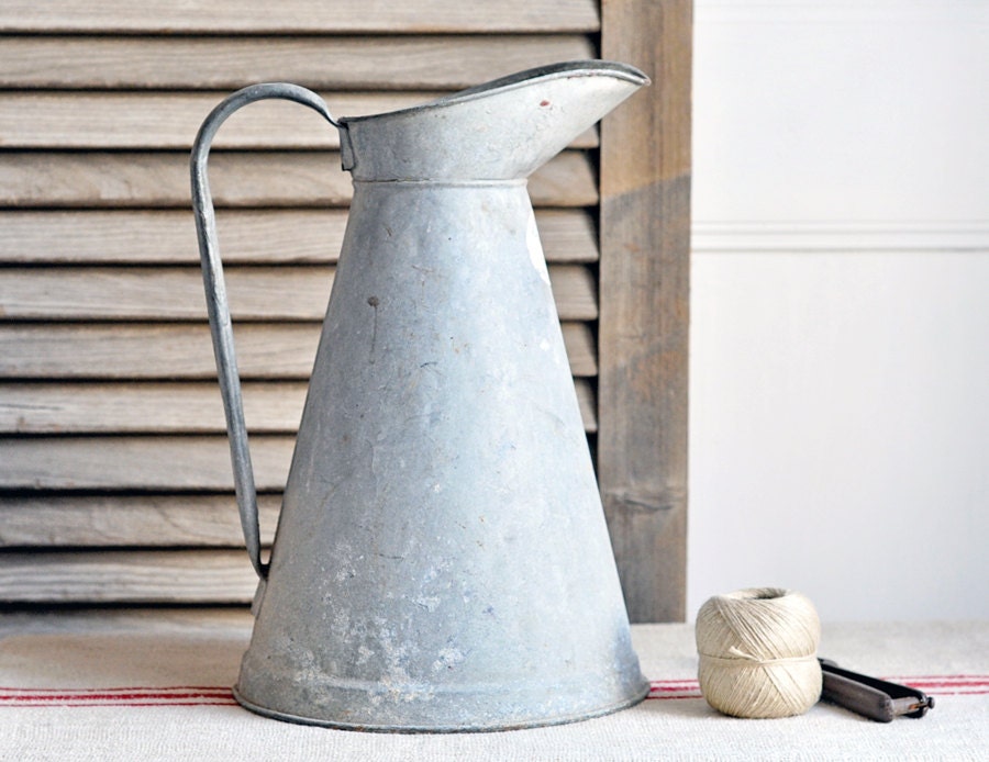 antique french zinc pitcher with label