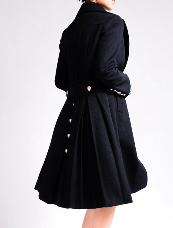 UK 14 16 US 10 12 Large L SALE Ready to Dispatch Black Wool Cashmere Blended Double Breasted Long Sleeved Swing Skirt