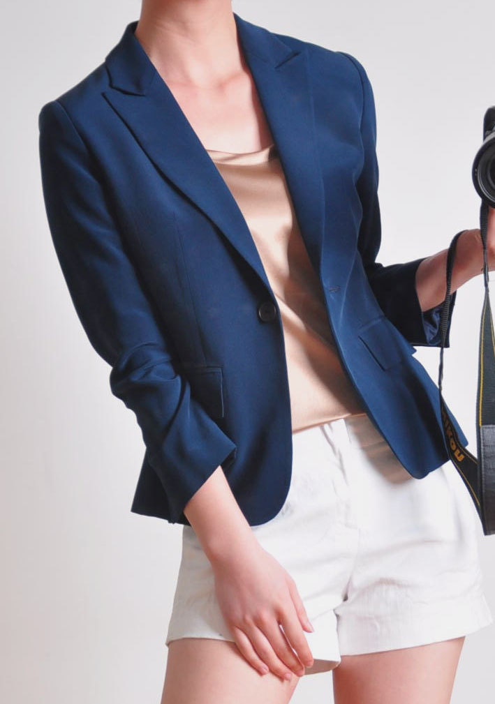 Classic Luxury Virgin Wool Navy Blue Women Pockets Suit Blazer Jacket