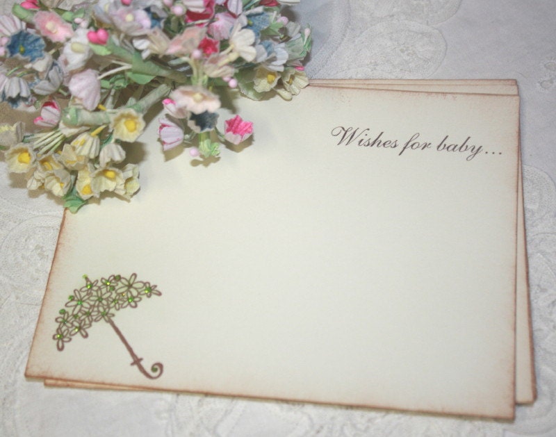 Baby Shower Wish Cards - Umbrella - Neutral Baby - Green Glittered Flowers - Set of 12