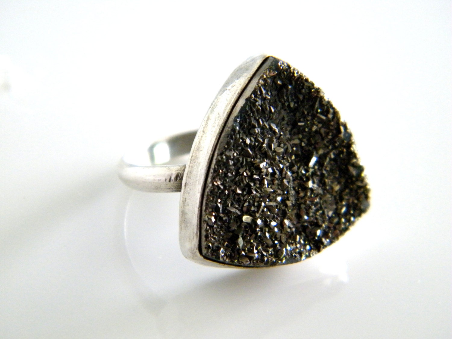 Sparkly Silver Druzy Ring Trillion Cut Sterling SIlver