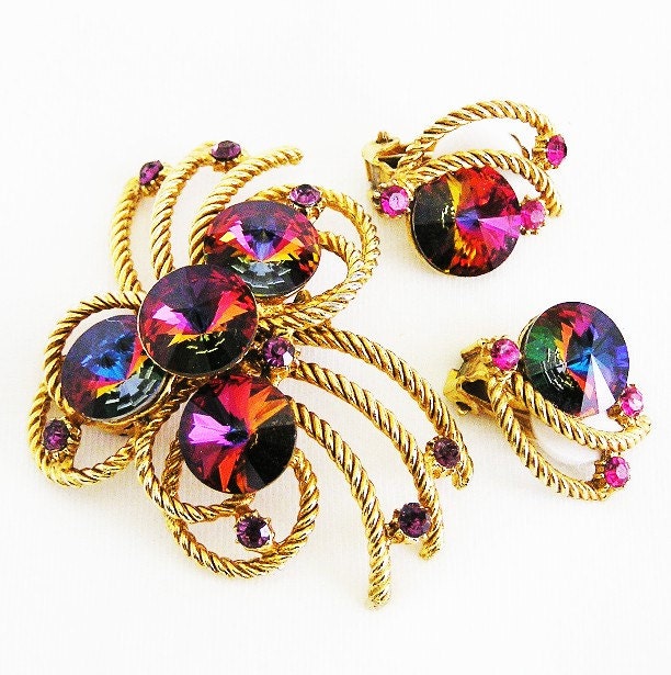 Vintage Red Purple Orange Rivoli Demi Parure