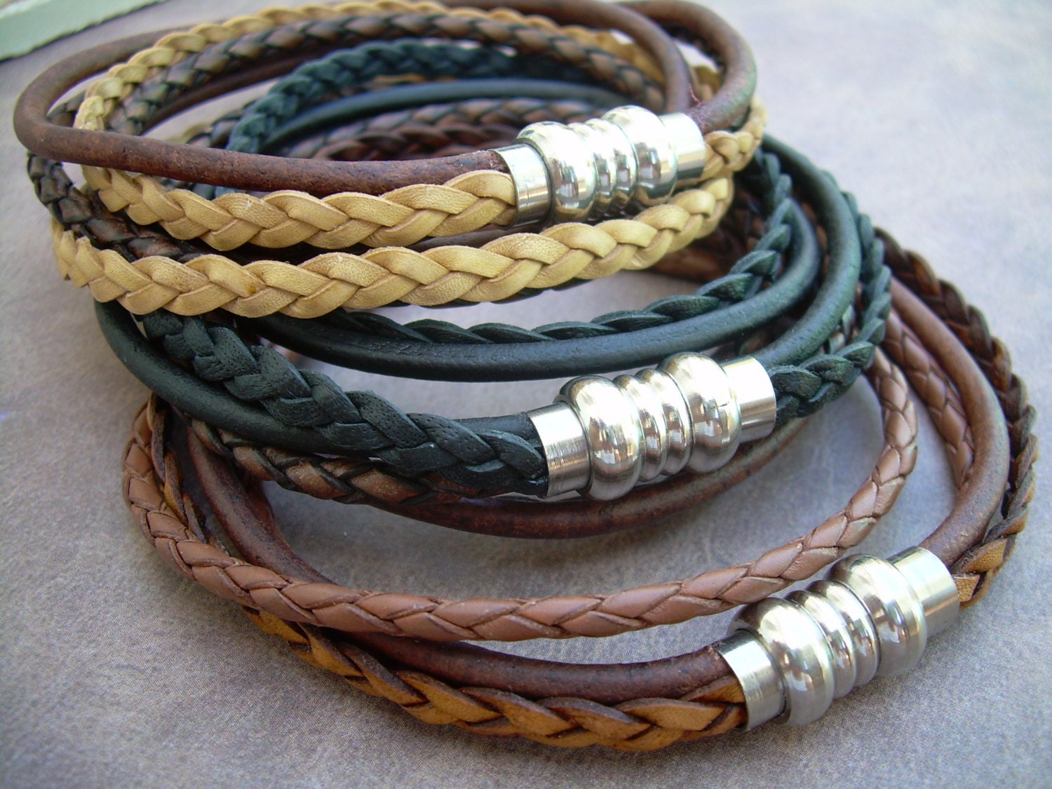 Mens Leather Bracelet, Stainless Steel Magnetic Clasp, Double Wrap Bracelet, Fathers Day Gift, Mens Bracelet, Mens Jewelry