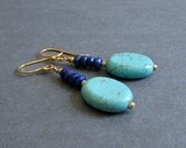 Dark Blue Lapis Gemstone Earrings / Turquoise Magnesite Earrings / Faceted Gemstone and 14k Yellow Gold Plated Earrings - Ascend