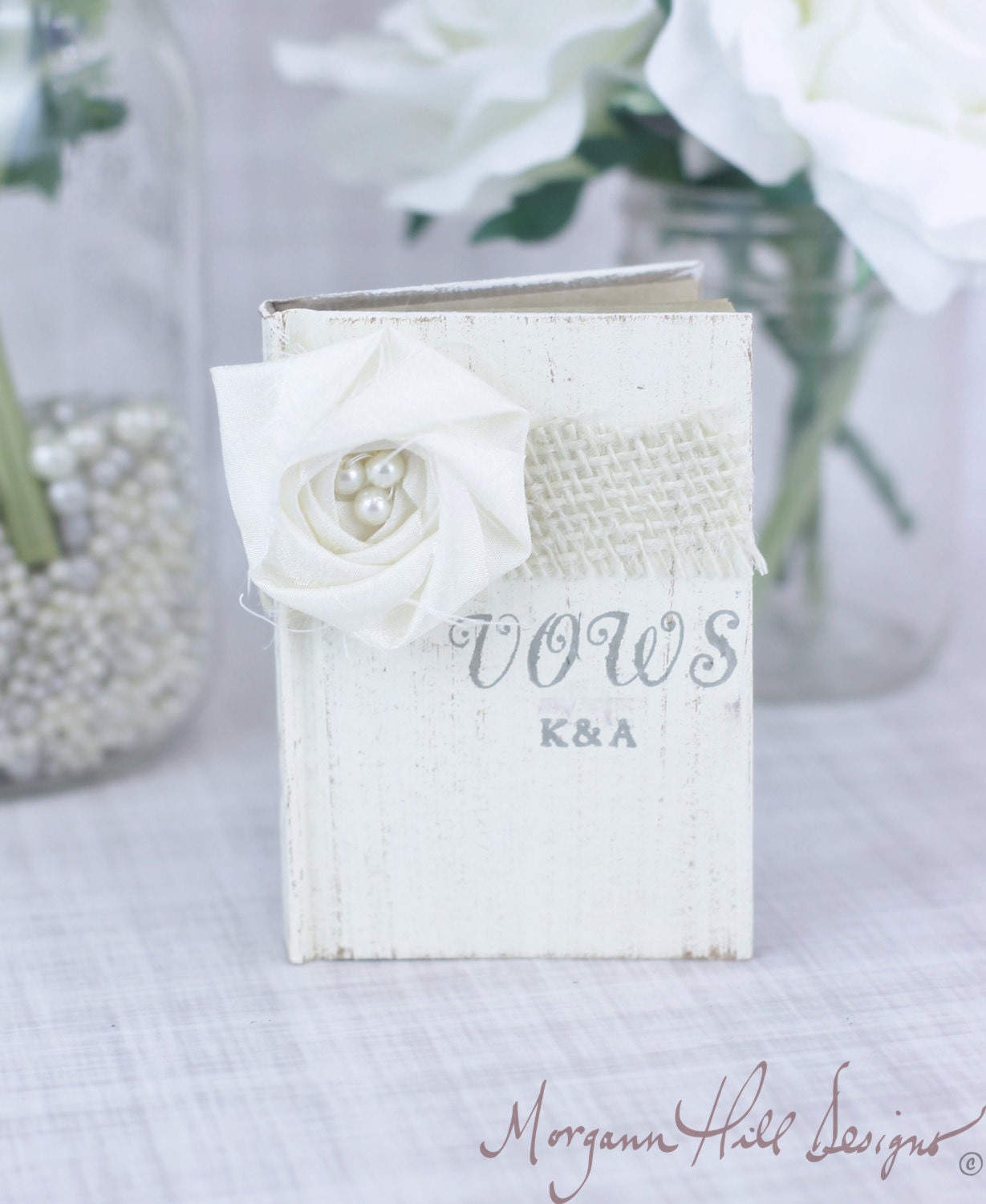 Personalized Wedding Vows Book Burlap and Pearls Rustic Chic Country DIY Decor (Item Number 130082)