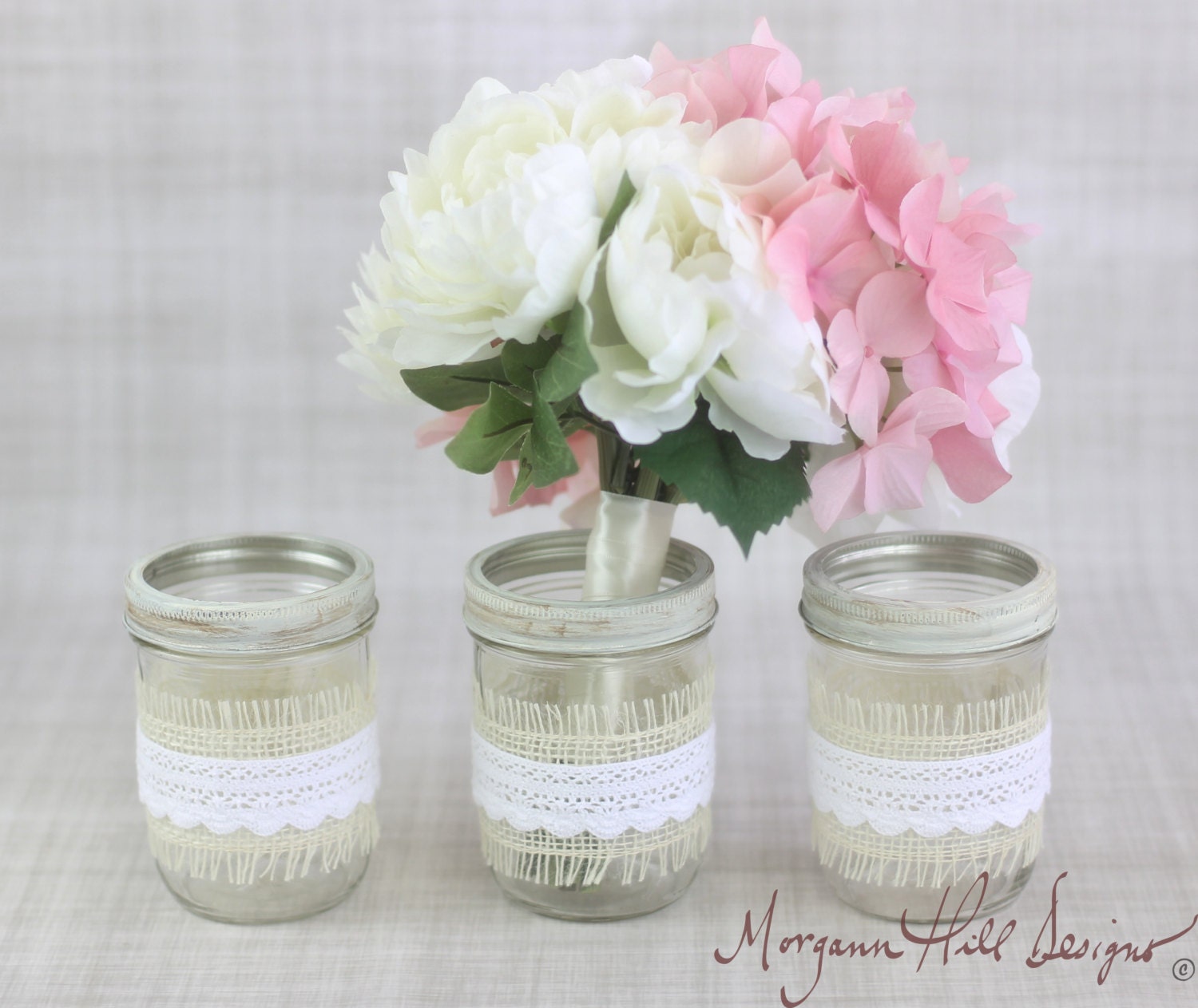 Mason Jar Wedding Centerpieces Vases with Burlap and Lace Rustic Country Wedding Decorations SET OF 6 (Item Number 130100)