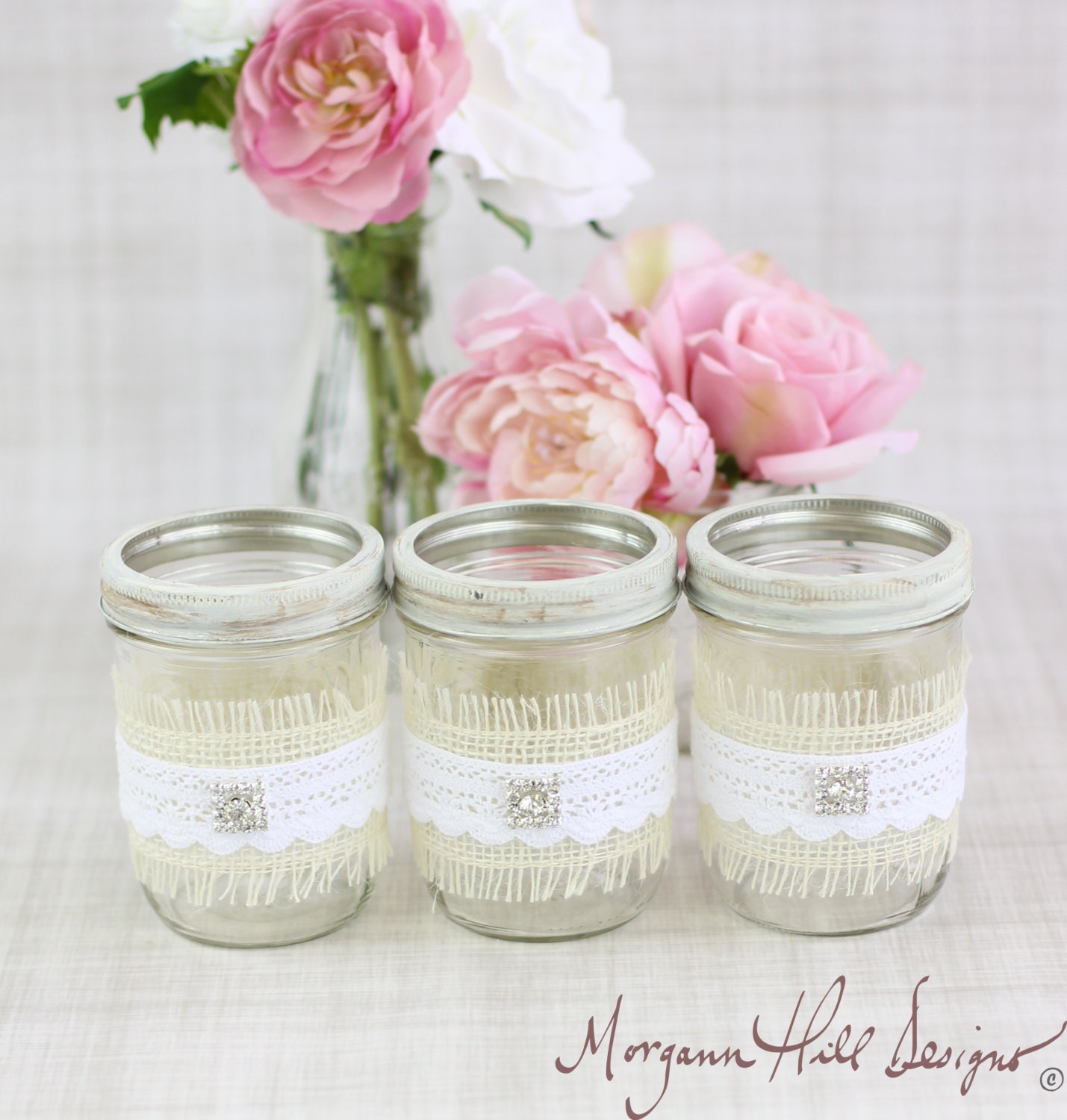 Mason Jar Wedding Centerpieces Vases with Burlap Lace Rhinestones Rustic Country Wedding Decorations SET OF 12 (Item Number 130102)