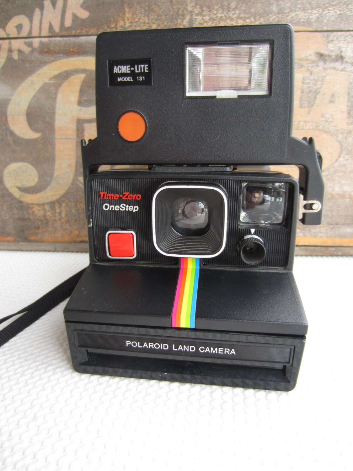 Vintage Polaroid Land Camera Time Zero One Step Black with Rainbow Stripe Acme Lite Flash