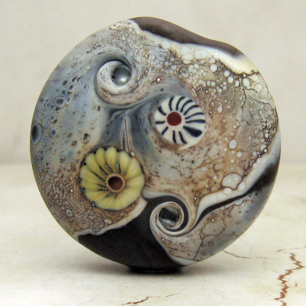 SRA Lampwork Glass Bead, Organic Etched Focal Lentil Bead - Brown, Gray, Ivory Silver ' Heartwood'