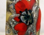 Handmade Lampwork Glass Bead, Rectangle Focal Bead  Red Orange Ivory 'Wild About Poppies'