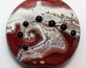 SRA Lampwork Glass Bead, Organic Etched Focal Lentil Bead - Ivory Brown Black  'Chitenje'