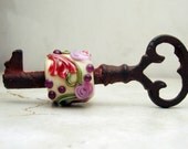 Handmade Lampwork Key Bead, Victorian Pink Floral Lampwork Bead on Vintage Skeleton Key