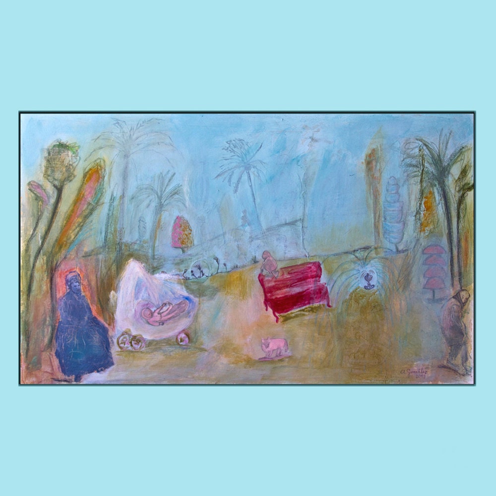 Large Original Painting landscape canvas 40x24 mixed media expressionist girl, baby  turquoise ocher green cobalt blue pink Modern wall Art