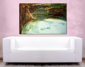 Large abstract landscape painting canvas textured original 40x26 mixed media turquoise green brown Modern wall Art