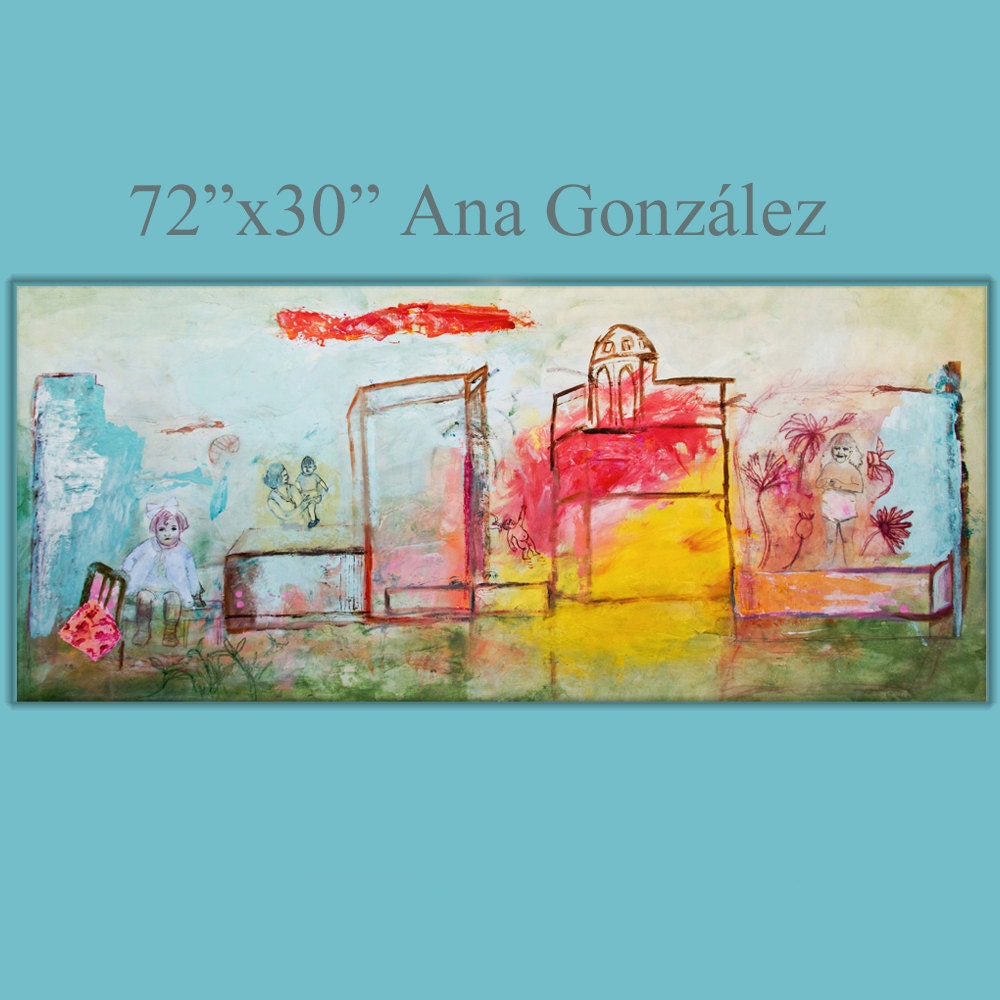 72" Large Original Painting canvas abstract expressionist characters turquoise red yellow green cobalt blue pink layaway plan