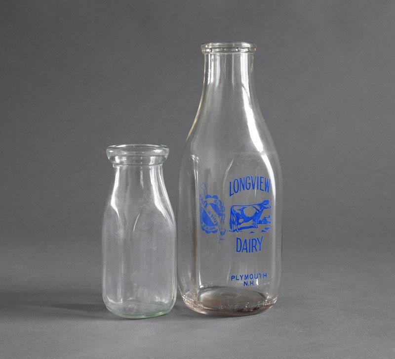 Vintage Milk Bottles - Glass, Dairy, Mid Century, Modern, Kitchen, Table