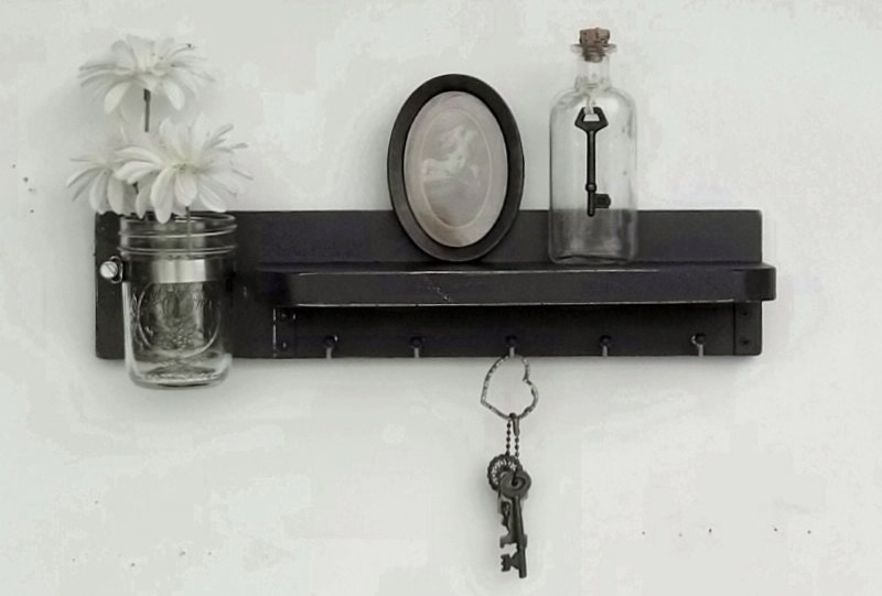 Distressed Soft Black....Wood Jewelry Hanger..Key Hooks..Organizer....Mason Jar Shelf..Made to Order.