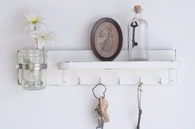 Picket Fence White.... Wood Jewelry Hanger....Key Hooks....Organizer......Mason Jar Shelf...Made to Order