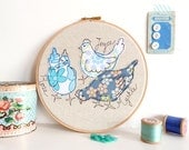 Embroidered Hoop Art - 'Rose, Joyce & Myrtle' chickens textile artwork in blue - 8" hoop
