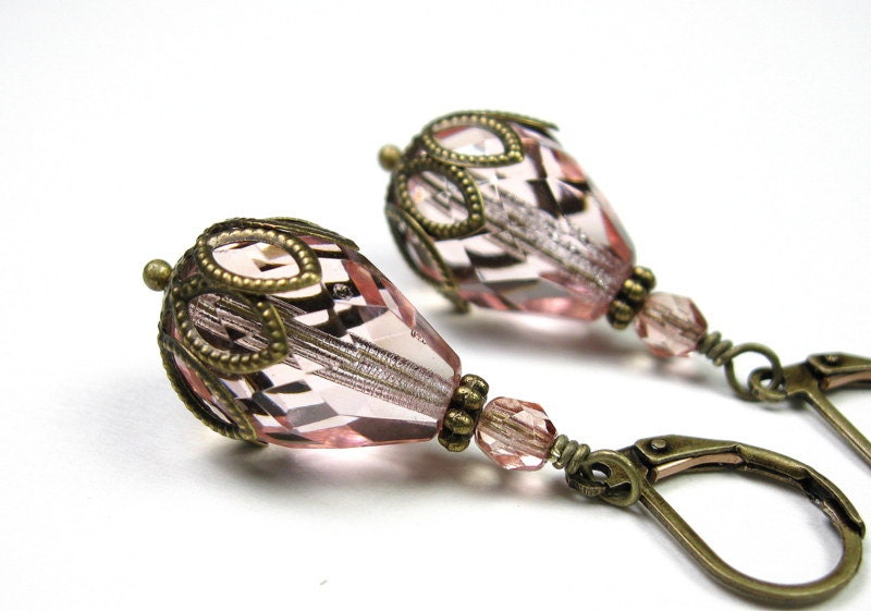 Victorian Style Dusty Rose Czech Glass Antiqued Brass Dangle Earrings, Womens Accessories, Teardrop Earrings, Linen, Bridal, Prom