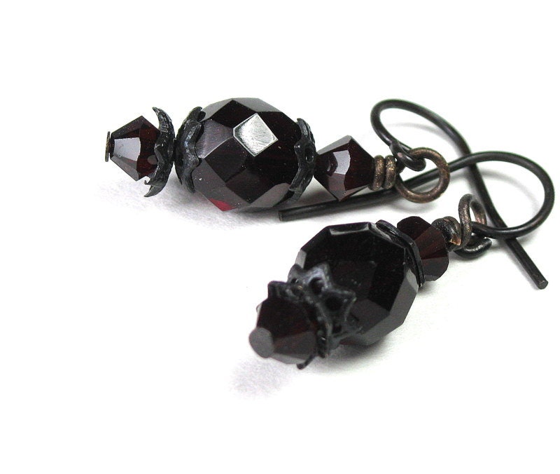 Vintage Style Dangle Earrings, Garnet Czech Glass, Swarovski, Dark Antiqued Brass, Oxblood, Red, Accessories for Women,