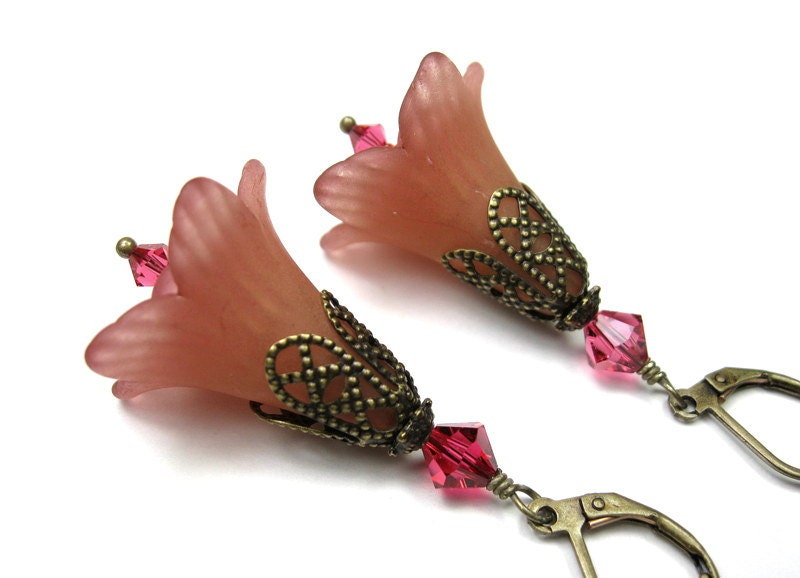 Pale Pink Salmon Hand Dyed Lucite Flower Dangle Earrings, Vintage Style Jewelry, Swarovski Crystal Jewelry, Antiqued Brass, For Her