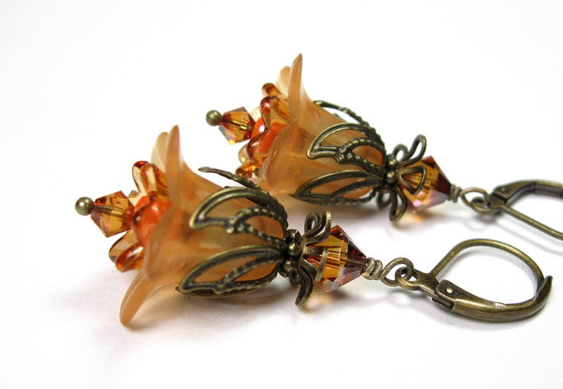 Vintage Style Lucite Flower Dangle Earrings, Pale Tangerine Orange, Apricot, Swarovski Crystal Jewelry, Antiqued Brass, For Her