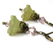 Lucite Flower Earrings, Swarovski Jewelry, Olive Green, Pink, Dangle Earrings, Antiqued Brass, Tender Shoots, Soft and Feminine
