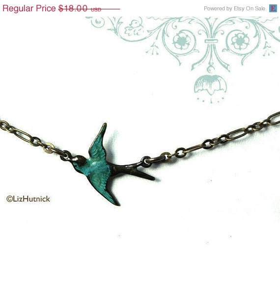 Holiday SALE Teal Sparrow Necklace. Brass Chain Necklace. Teal Bird Jewelry