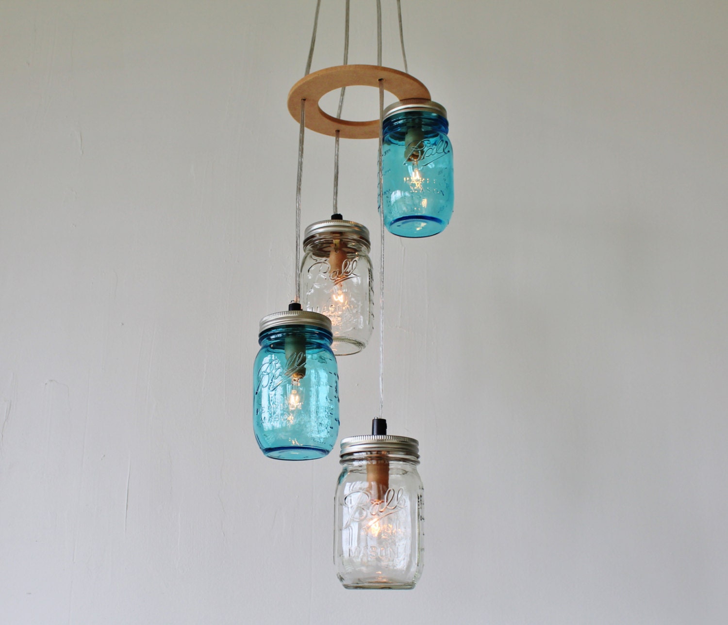 Sea Spray - Mason Jar Chandelier - Upcycled Handcrafted BootsNGus Hanging Lighting Fixture with 4 pint sized Mason Jars in clear and blue