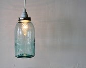 AQUA ATLAS Strong Shoulder Mason Jar Light - Hanging Pendant Lighting Fixture made with an Antique Half Gallon Mason Jar -  BootsNGus Lamps