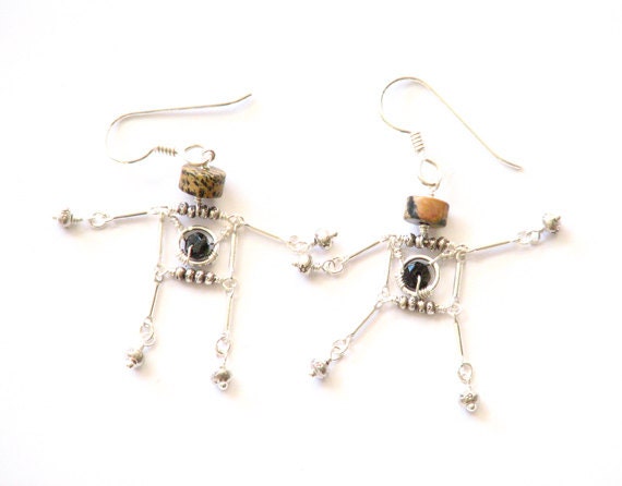 Sci fi robot dangle earrings- leopard jasper and green tourmaline gemstone robot earrings- sterling silver- science- geek chic- T Paine - cattleyadesigns